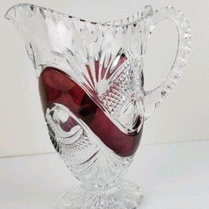 Lead Crystal Water Pitcher Vintage 9" Holiday Clear Cranberry Ruby Red Elegant